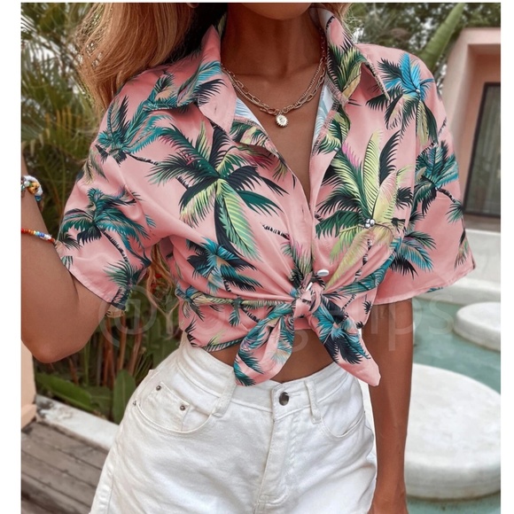 Rouge! Tops - Short Sleeve Button Down Short Tropical Print Pink